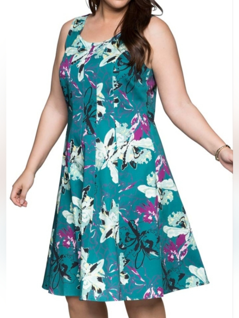 Roz & Ali Blue Floral Midi Dress with White and Magenta Accents. NWT. Size 14